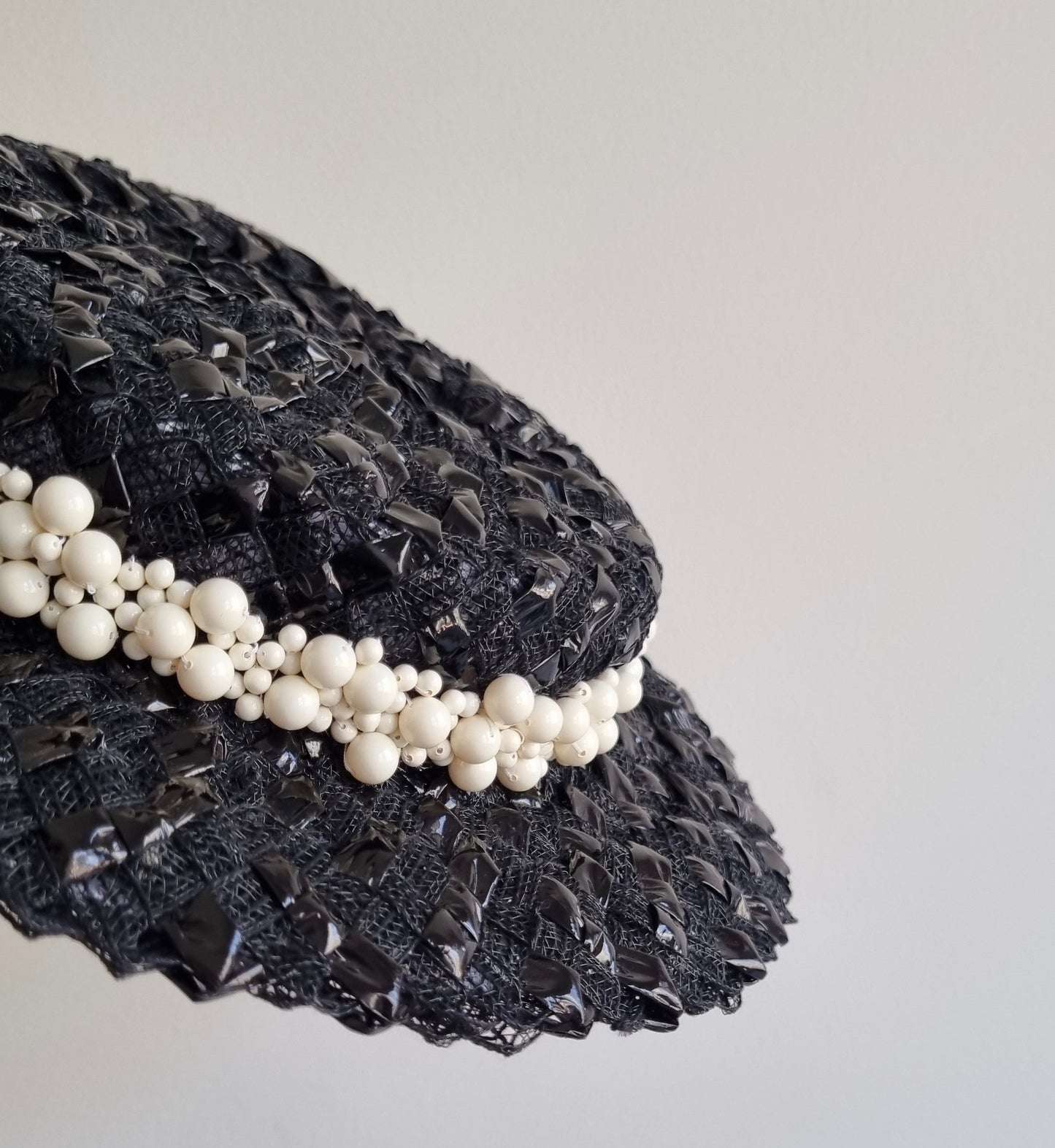 Calla Boater - Black Braid and Pearl Trim