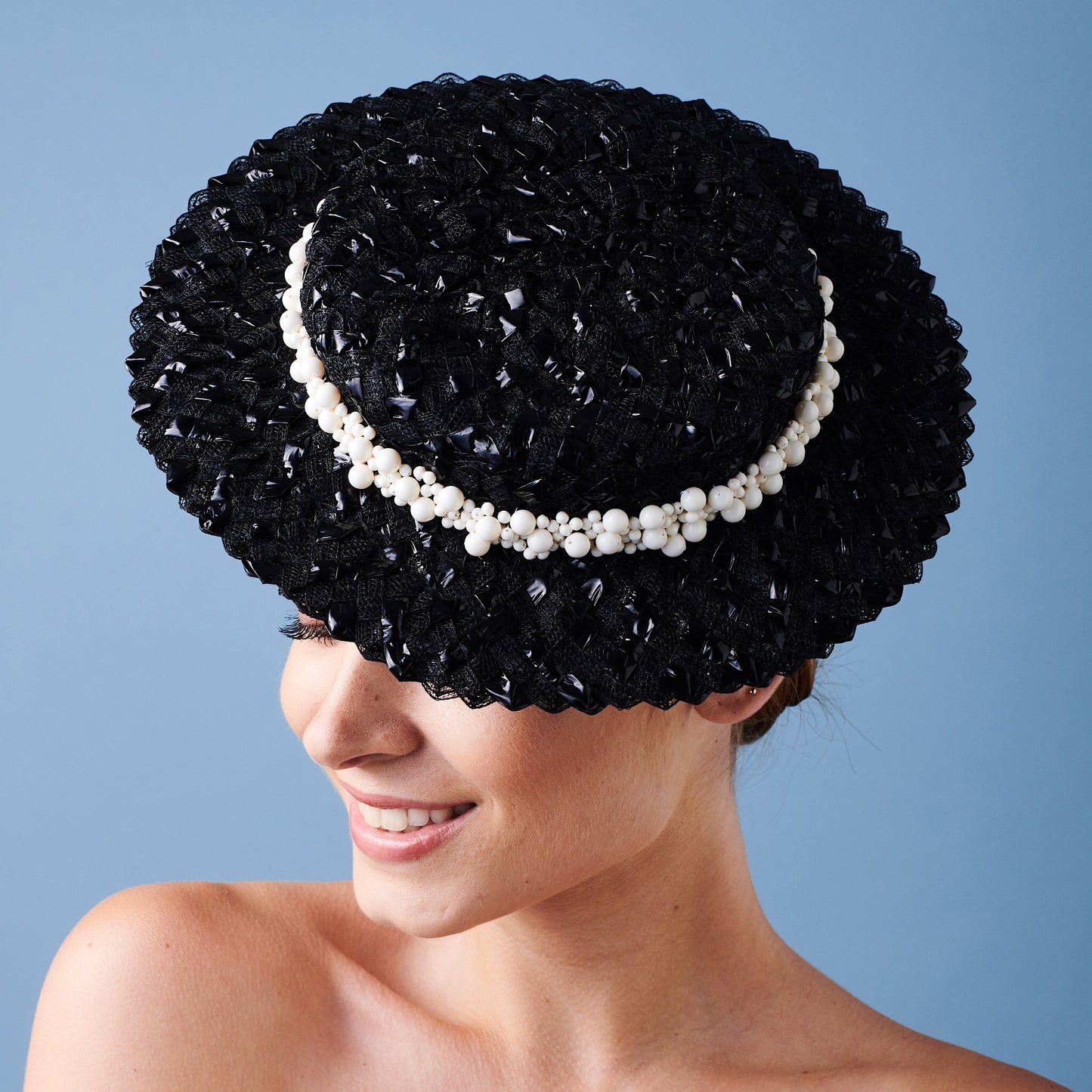 Calla Boater - Black Braid and Pearl Trim - Victoria Jane Millinery