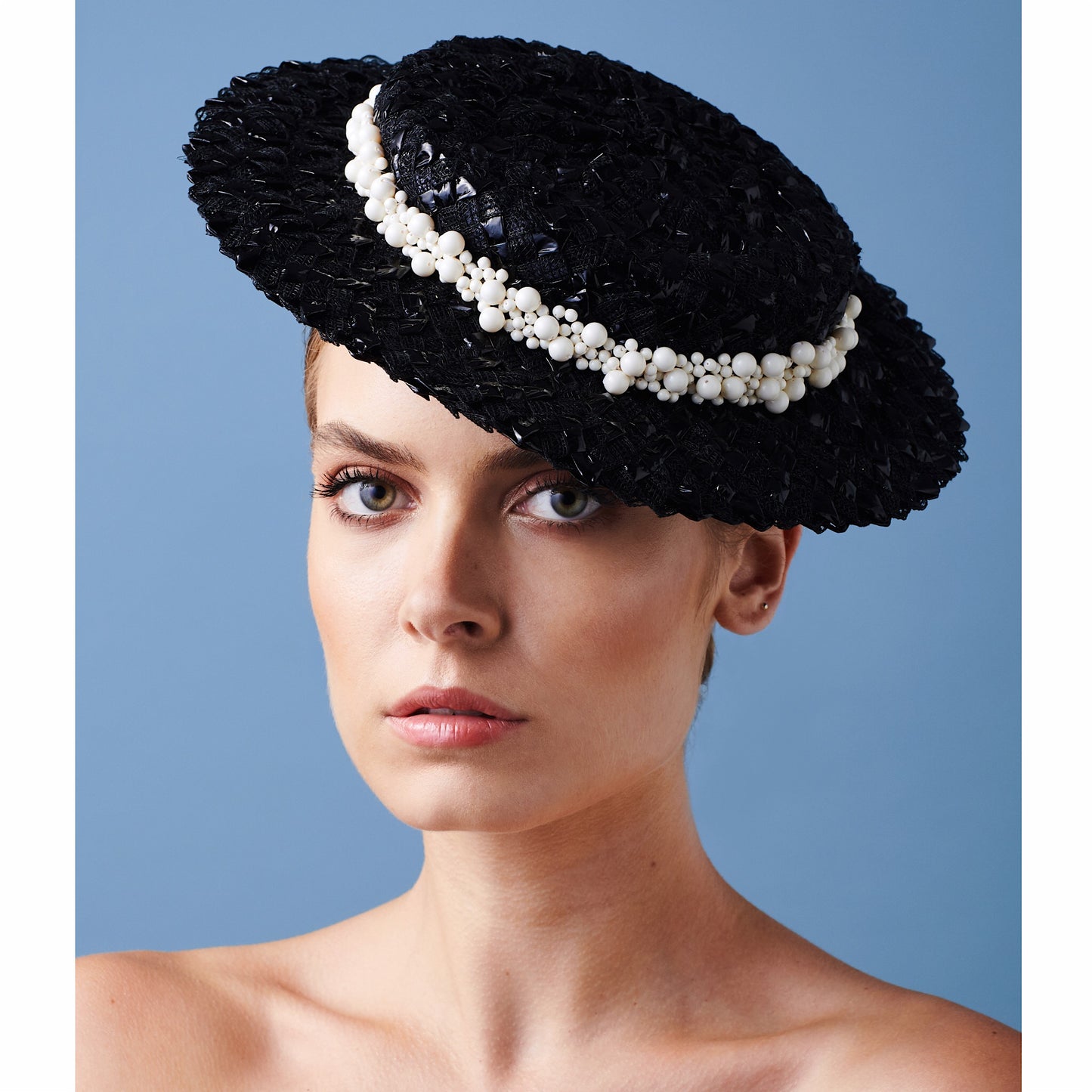 Calla Boater - Black Braid and Pearl Trim - Victoria Jane Millinery