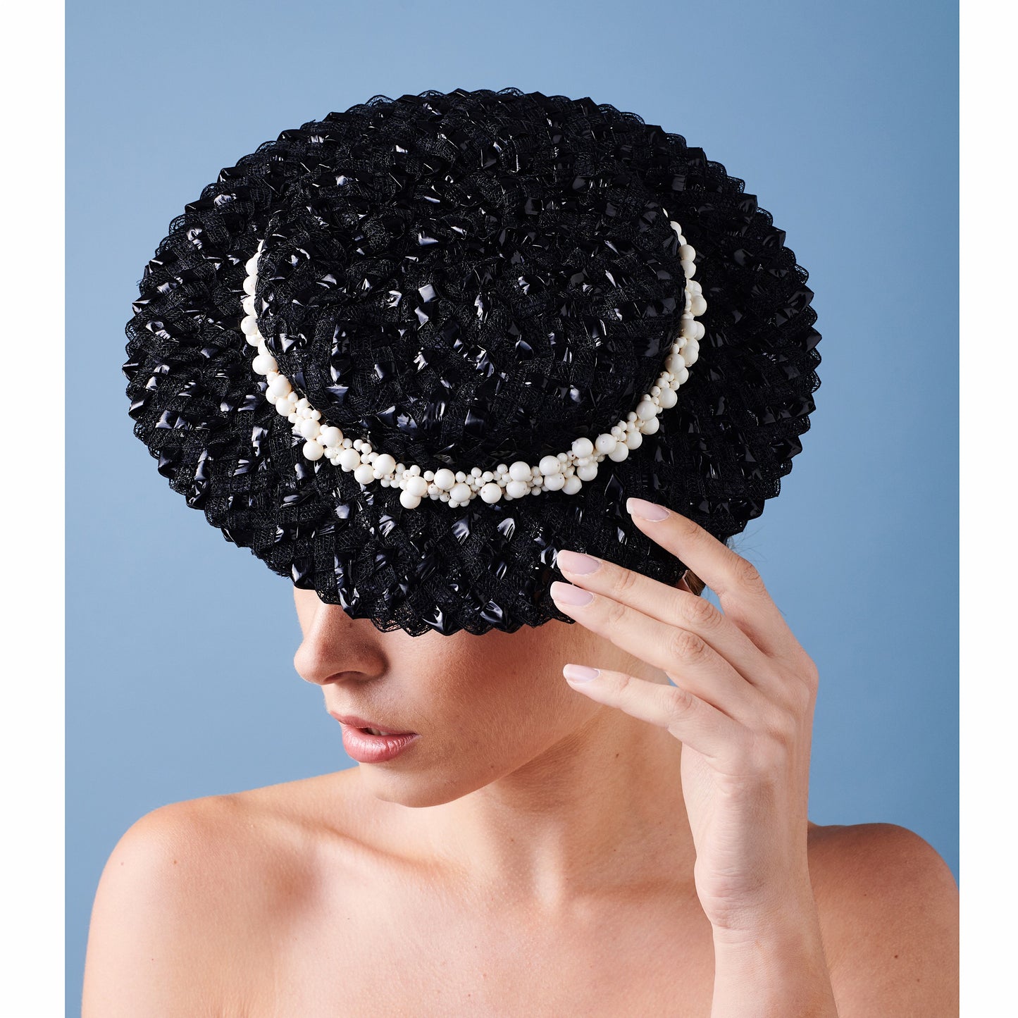 Calla Boater - Black Braid and Pearl Trim