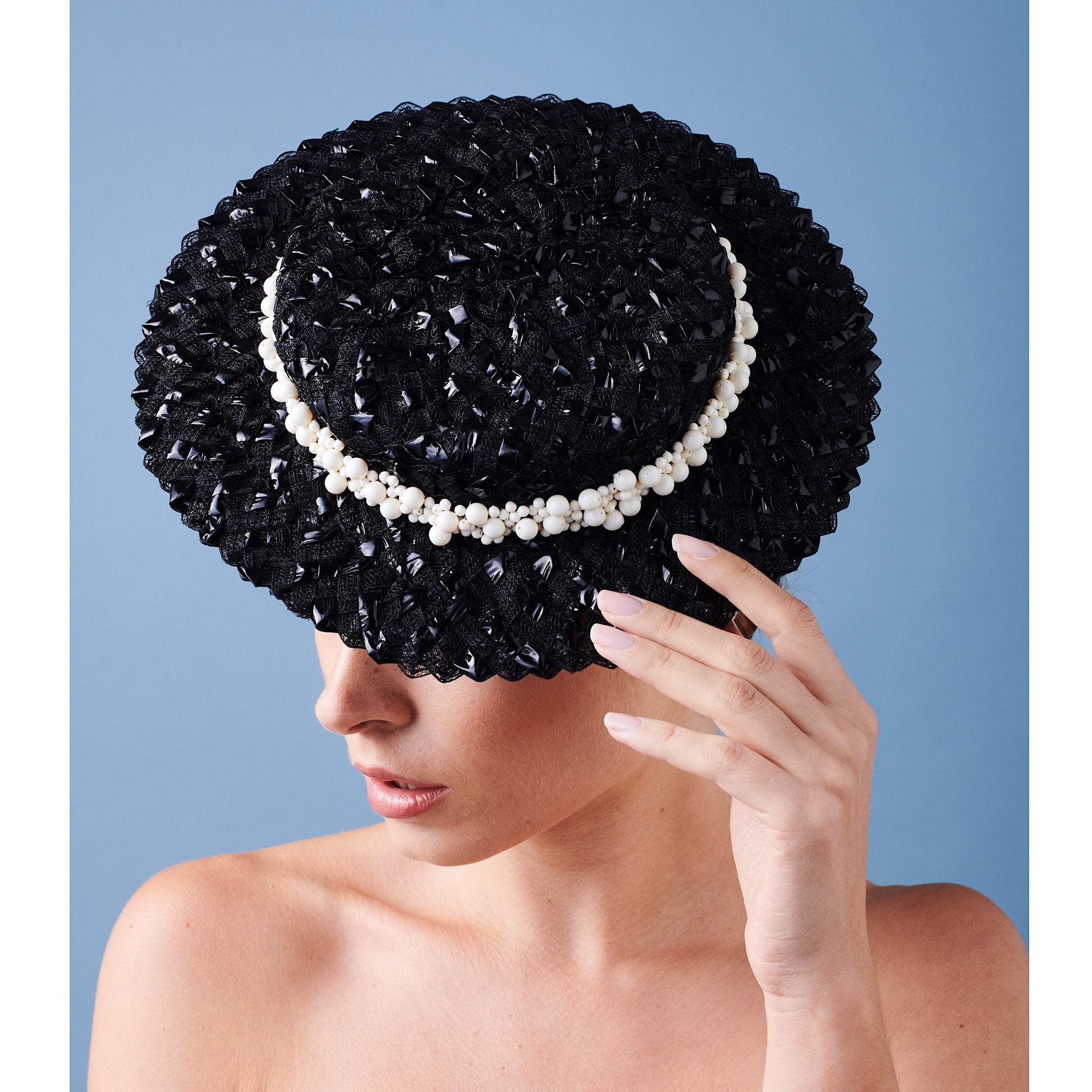 Calla Boater - Black Braid and Pearl Trim