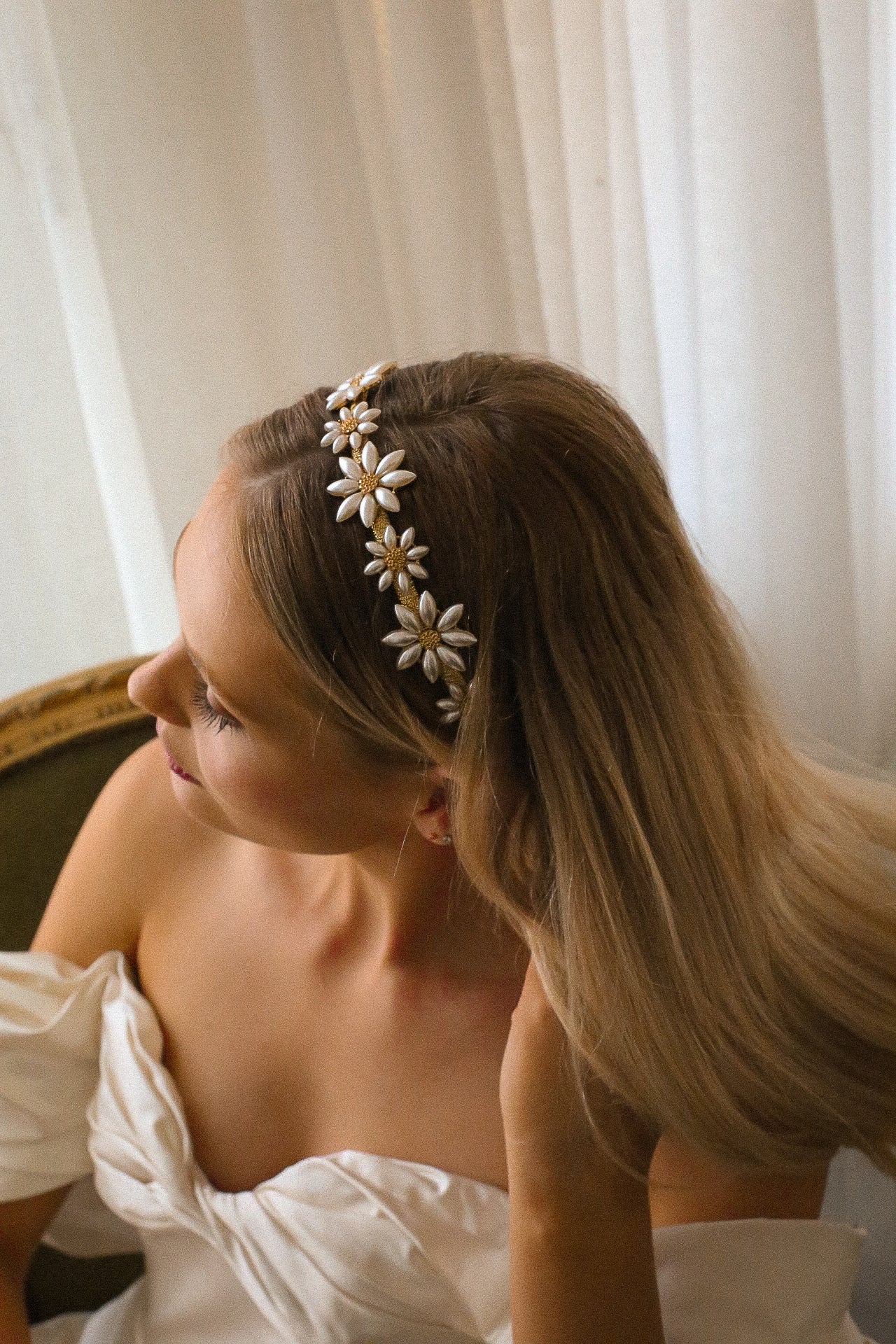 Stephanie - Pearl Daisy and Gold Headband