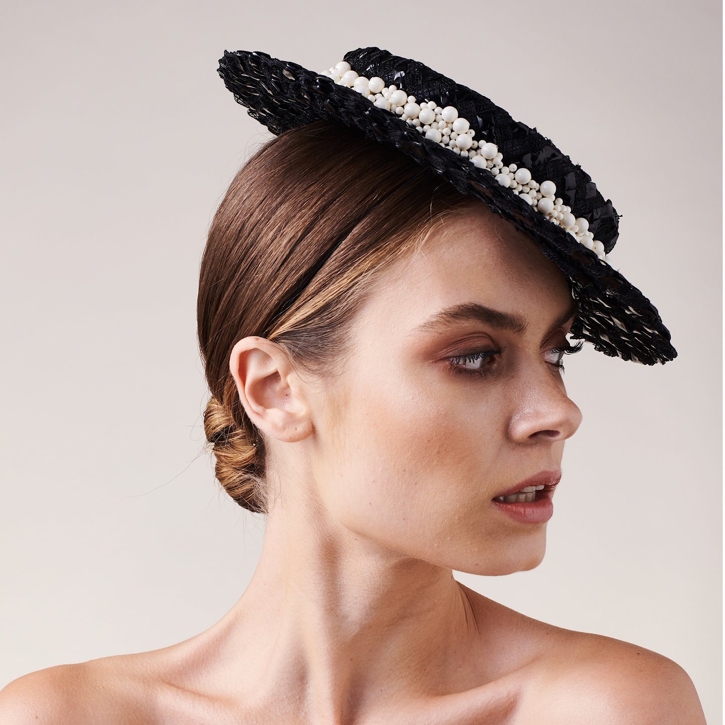 Calla Boater - Black Braid and Pearl Trim - Victoria Jane Millinery
