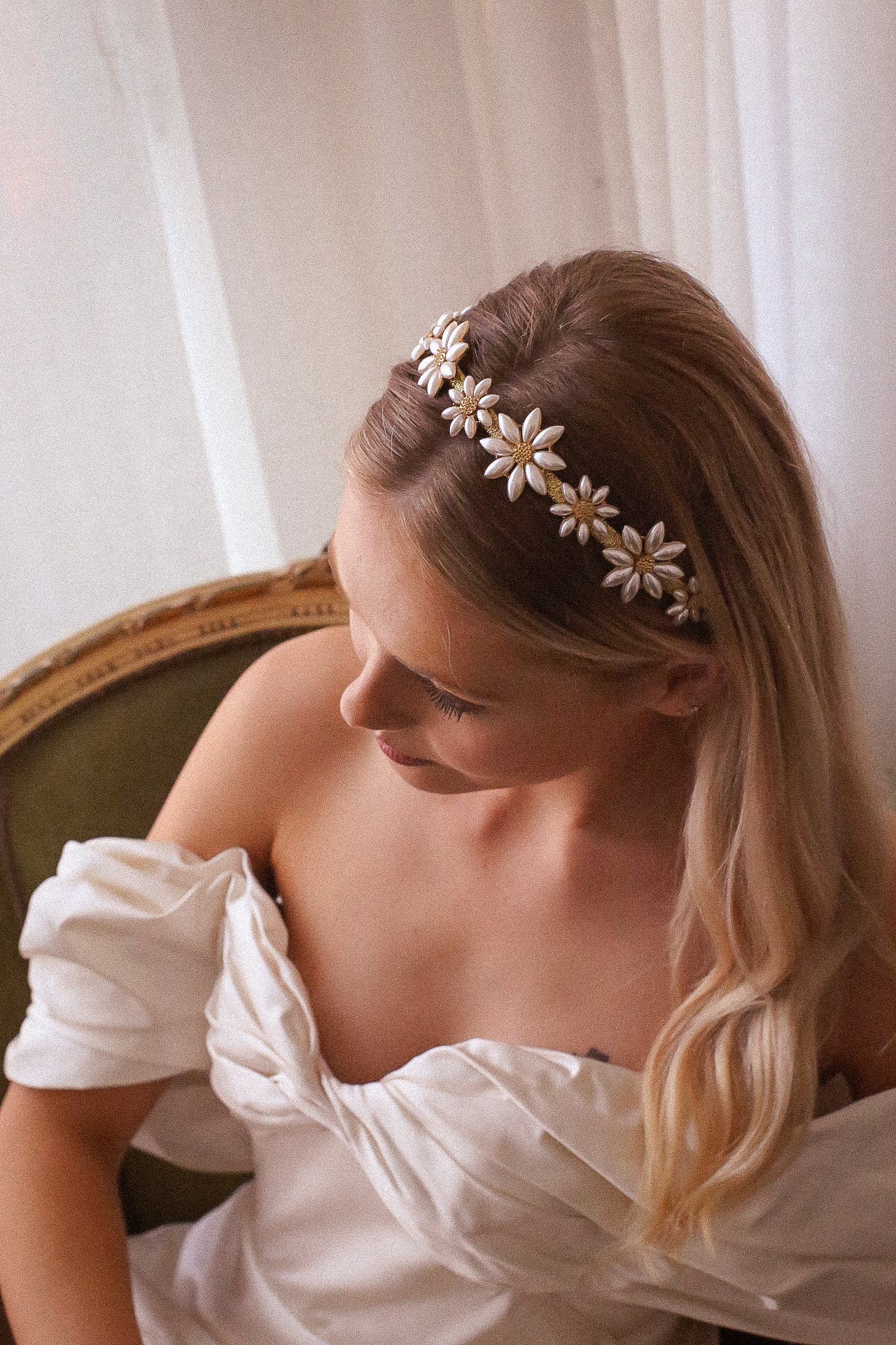 Stephanie - Pearl Daisy and Gold Headband